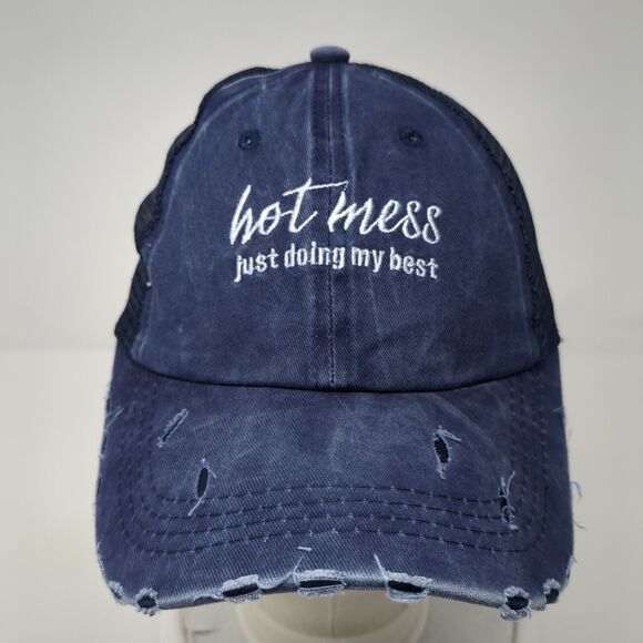 Hot Mess Just Doing My Best Ponyback Trucker Hat Blue OS Mesh Back Distressed - Picture 2 of 8